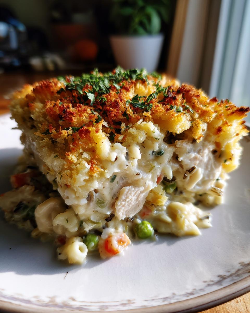 A close-up serving of creamy chicken and wild rice casserole with a golden, crunchy topping and fresh parsley.