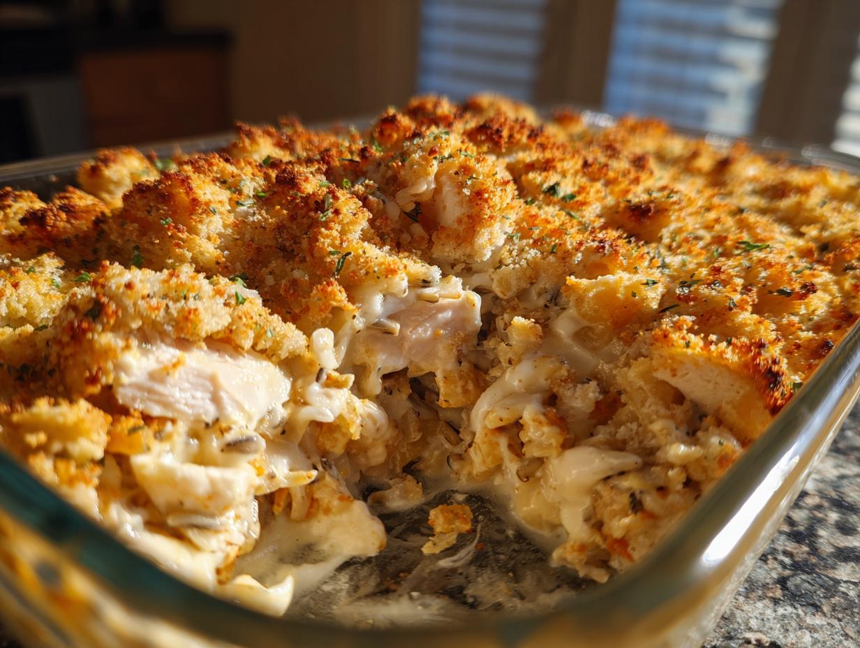 A scoop has been taken out of a creamy chicken and wild rice casserole, showing chunks of chicken and a crispy, golden breadcrumb topping.