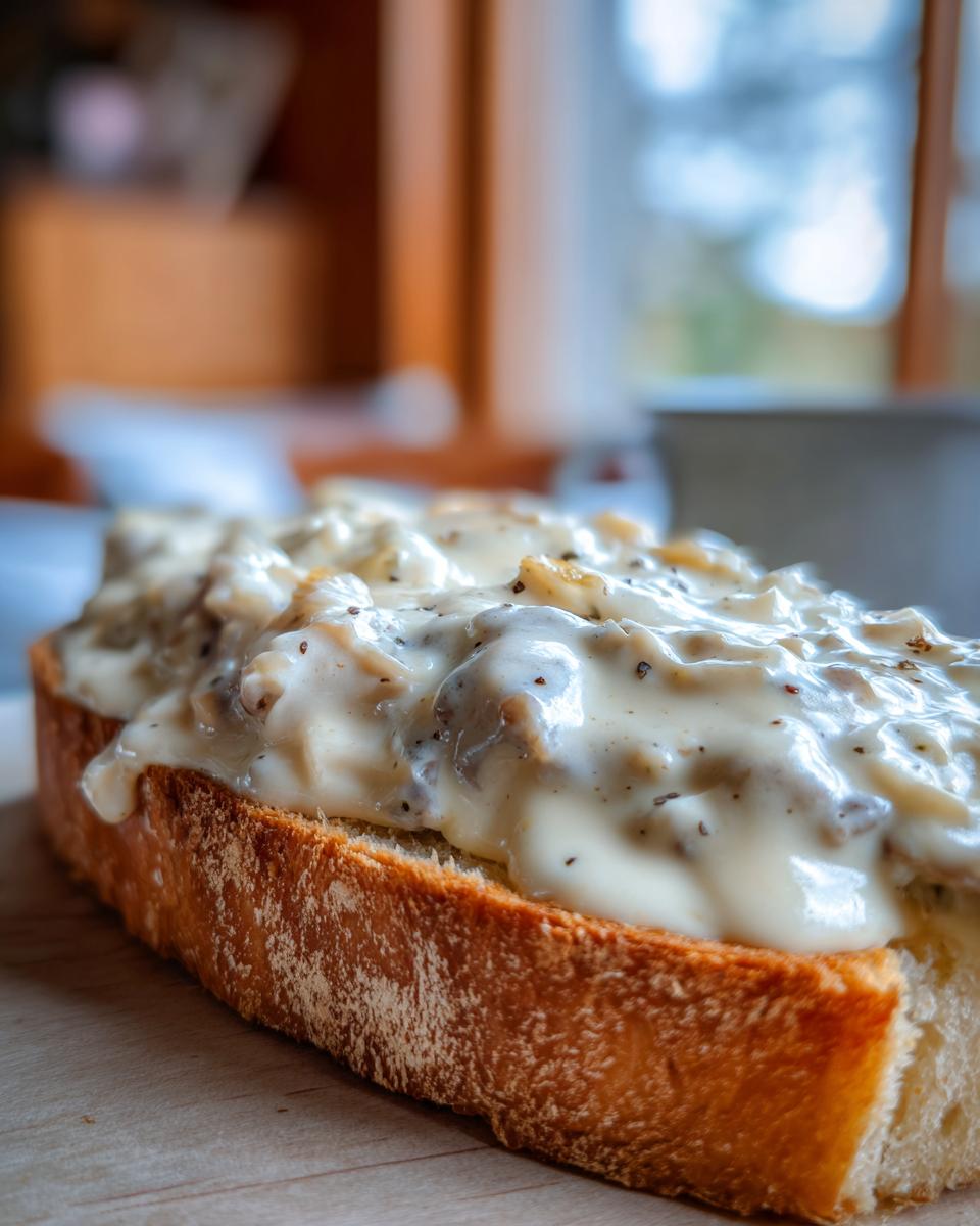 Close-up of creamy chipped beef on toast, showing thick white sauce with dark pepper flakes over toasted bread.