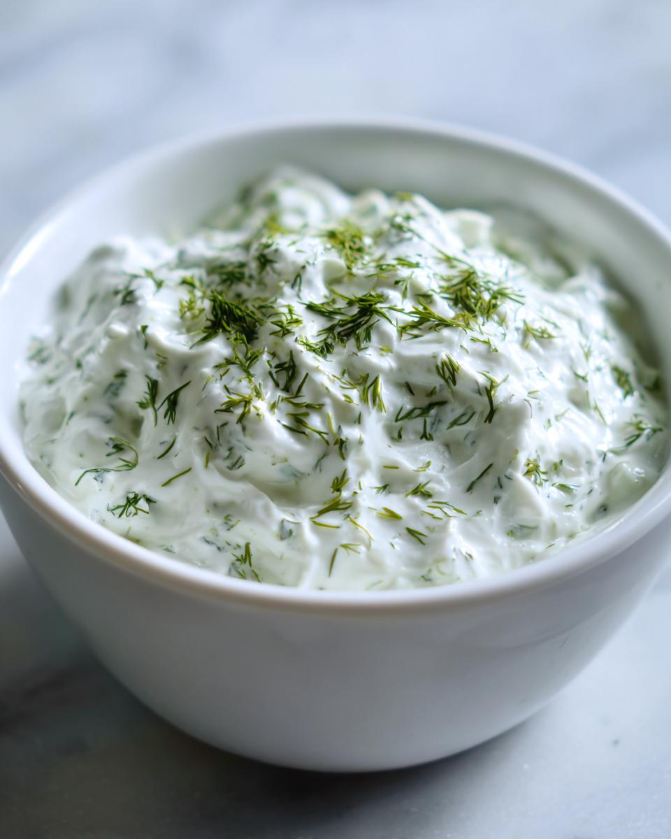 Close-up of a creamy, white dill dip topped generously with fresh, chopped dill.