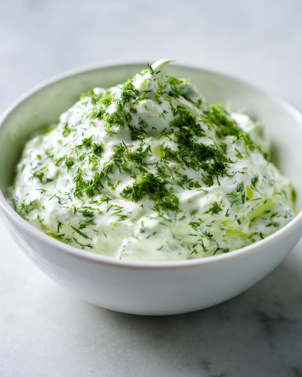 A close-up of creamy, light green dill dip generously topped with fresh chopped dill in a white bowl.
