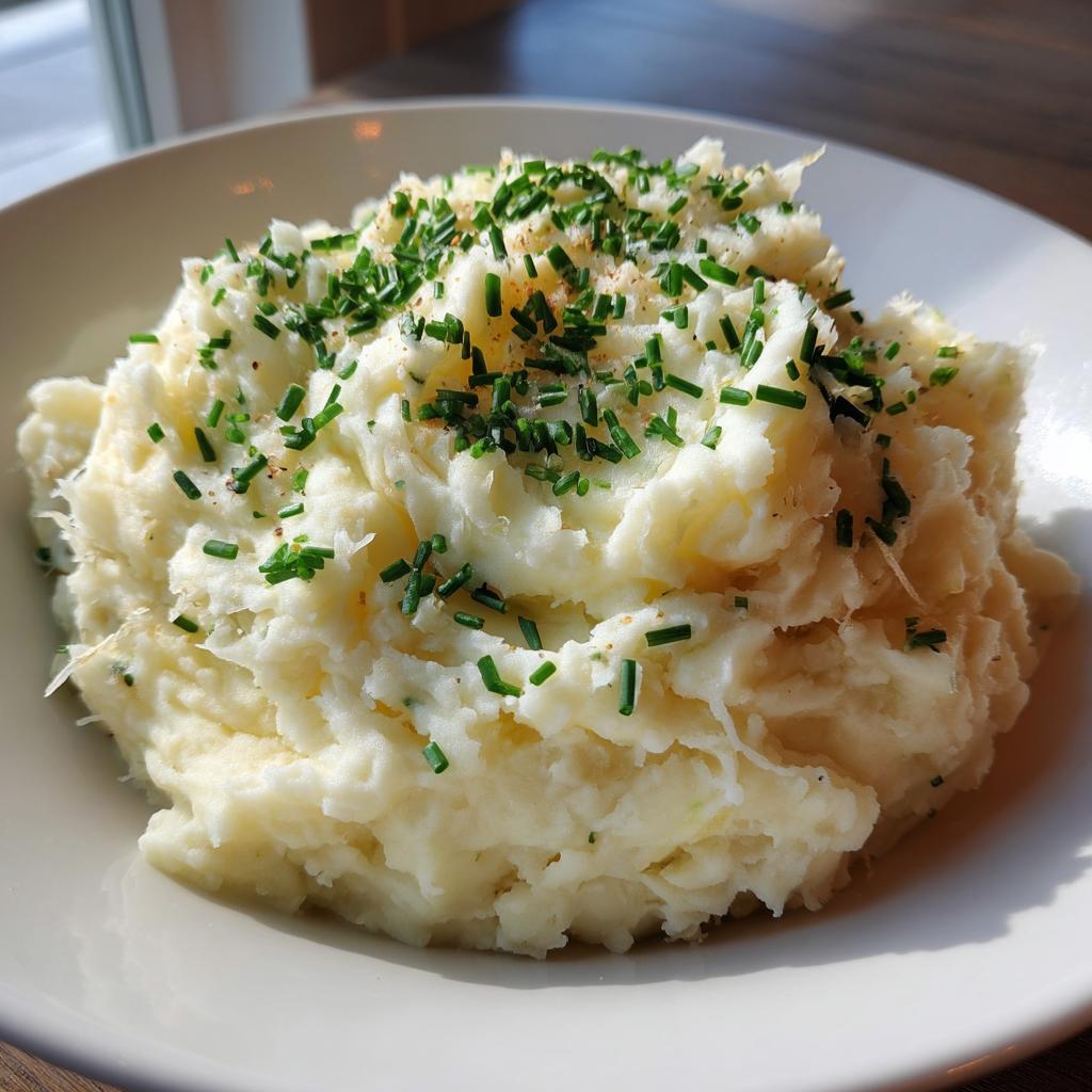 A generous serving of fluffy garlic mashed potatoes topped with fresh green chives.