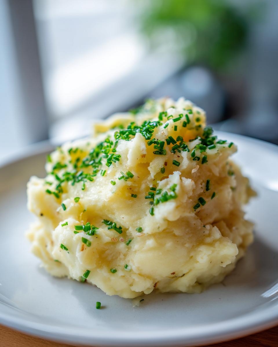 A close-up of creamy garlic mashed potatoes served on a white plate and garnished with fresh chopped chives.