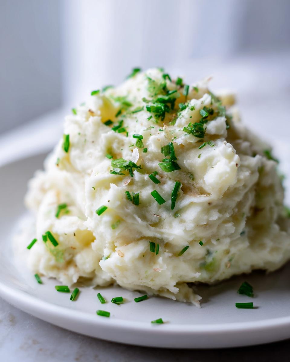 A close-up of creamy garlic mashed potatoes piled high and garnished generously with fresh green chives.