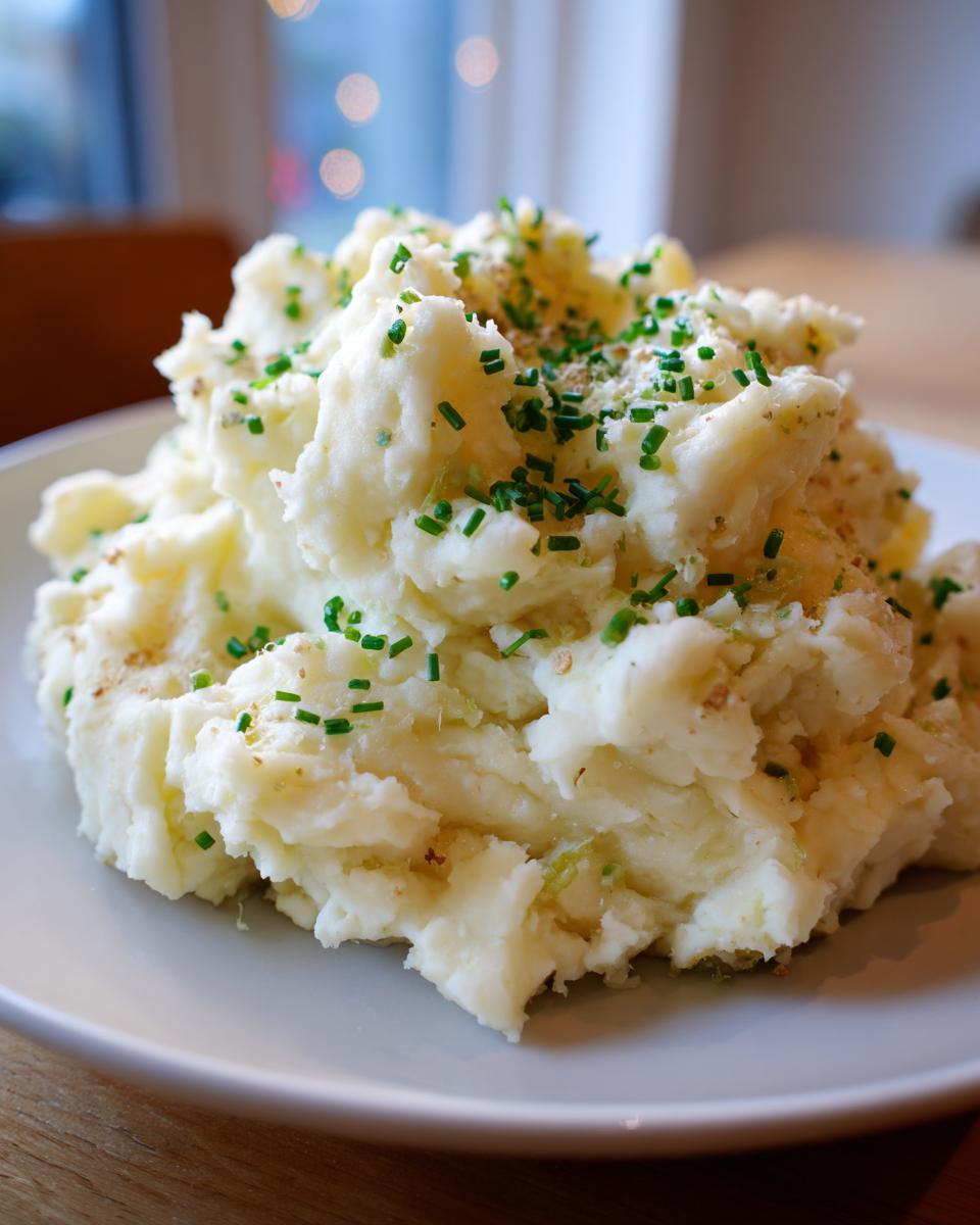 A generous serving of creamy garlic mashed potatoes topped with freshly chopped chives and seasoning.