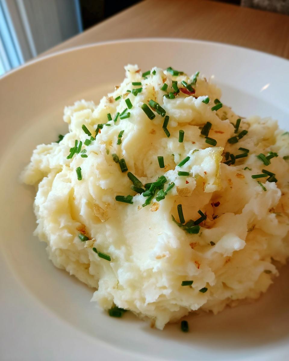 A close-up serving of creamy garlic mashed potatoes topped with fresh green chives and crispy garlic bits.