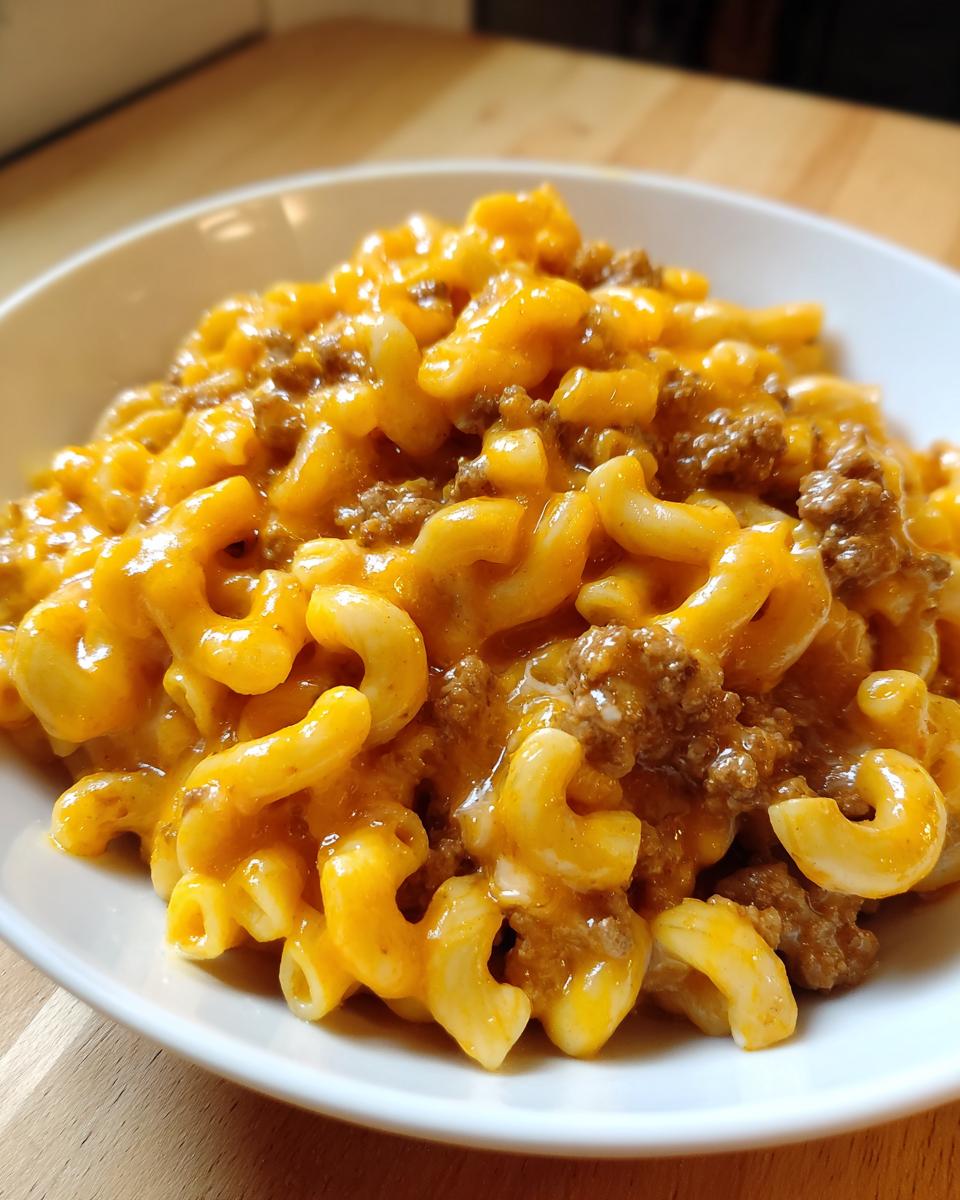 A close-up of a white bowl filled with creamy, cheesy homemade hamburger helper featuring elbow macaroni and ground beef.