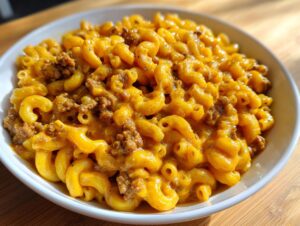 A close-up shot of a white bowl filled with creamy, cheesy homemade hamburger helper mixed with ground beef.