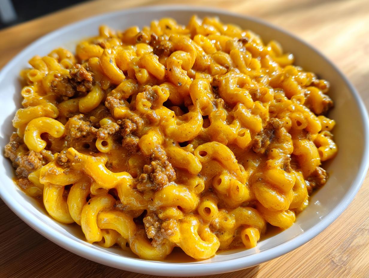 A close-up shot of a white bowl filled with creamy, cheesy homemade hamburger helper mixed with ground beef.