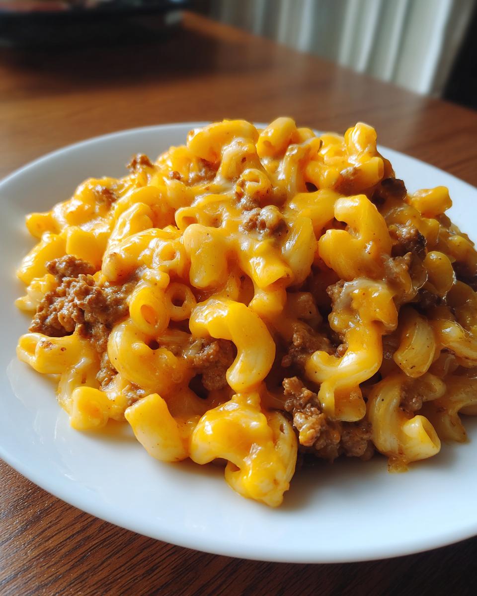A close-up of creamy, cheesy macaroni mixed with ground beef, representing homemade hamburger helper on a white plate.