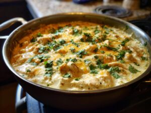 Close-up of creamy keto white chicken chili topped with melted cheese and fresh cilantro in a stainless steel skillet.