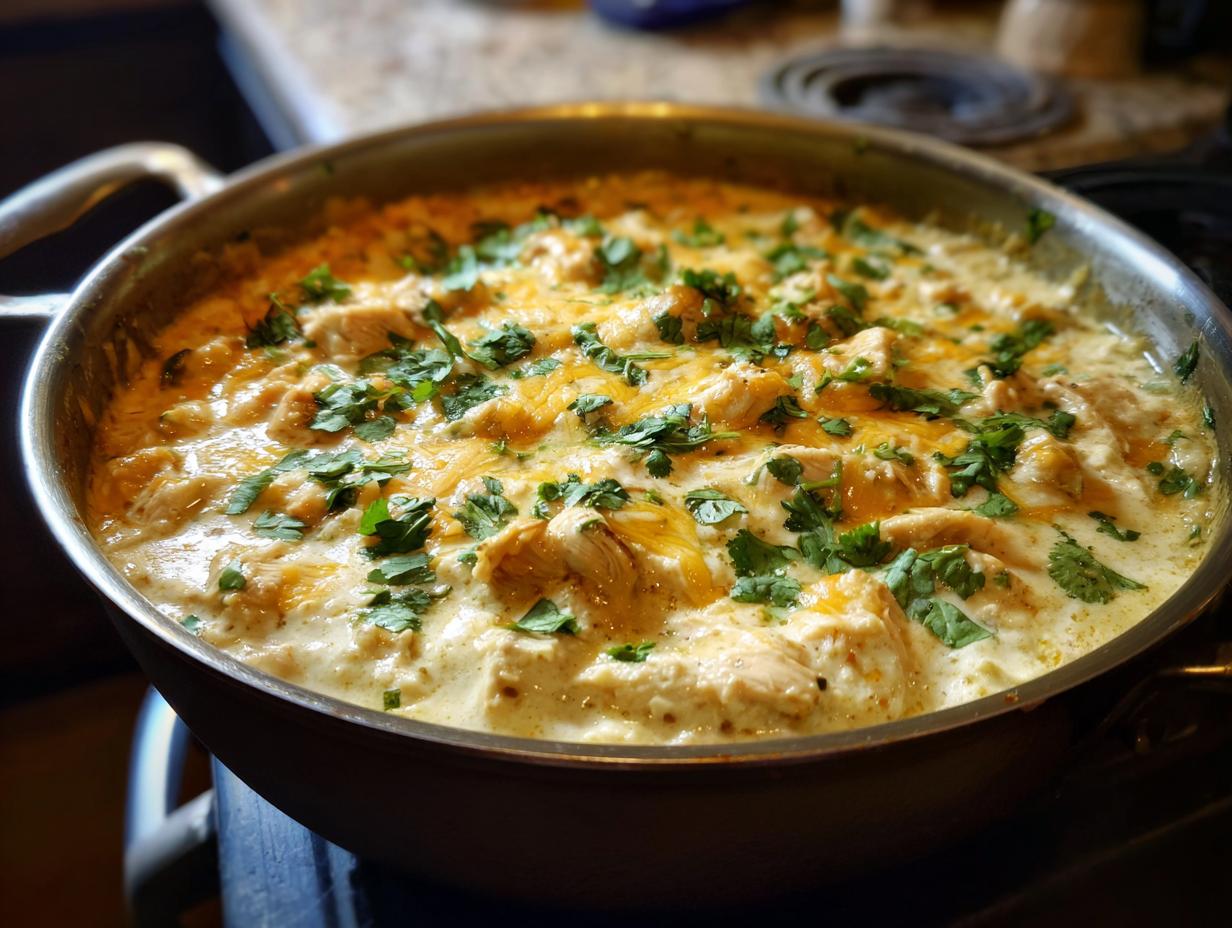 Close-up of creamy keto white chicken chili topped with melted cheese and fresh cilantro in a stainless steel skillet.
