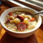 Close-up of a hearty bowl of creamy kielbasa potato soup with chunks of sausage and carrots.