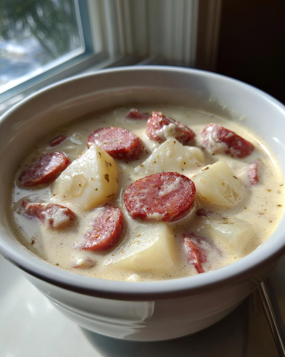 Close-up of a white bowl filled with creamy kielbasa potato soup, featuring chunks of potato and sliced sausage.