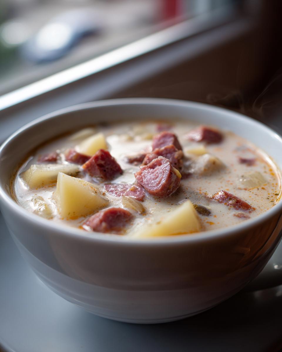 Close-up of a steaming white bowl filled with creamy kielbasa potato soup, featuring chunks of sausage and potatoes.