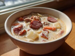 A close-up of a creamy kielbasa potato soup in a white bowl, featuring sliced sausage, potatoes, and carrots.