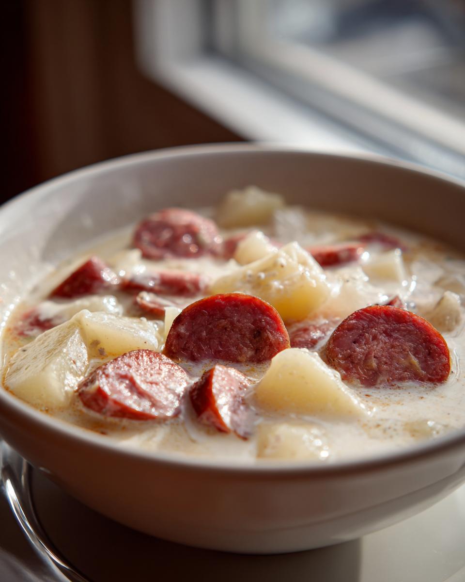 Close-up of a hearty bowl of creamy kielbasa potato soup, featuring thick slices of sausage and chunks of potato.