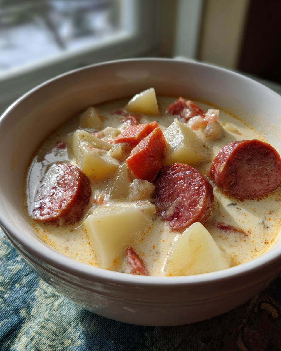 Close-up of a creamy kielbasa potato soup featuring thick slices of smoked sausage, white potatoes, and carrots in a white bowl.