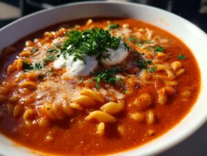 Close-up of a bowl of rich, red creamy lasagna soup filled with pasta, topped with a dollop of cream and fresh parsley.