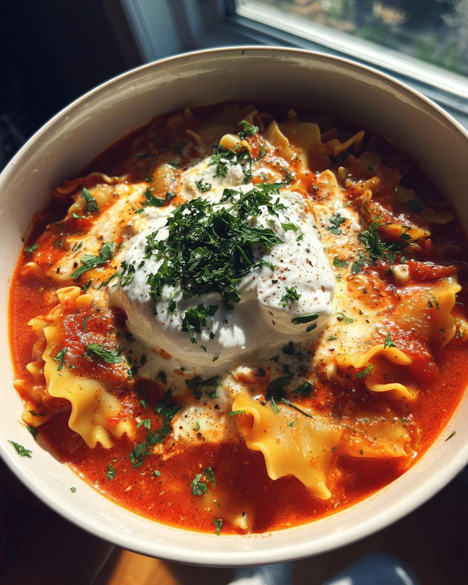 Close-up of a bowl of creamy lasagna soup featuring ruffled pasta, rich tomato broth, and a dollop of ricotta cheese topped with fresh parsley.