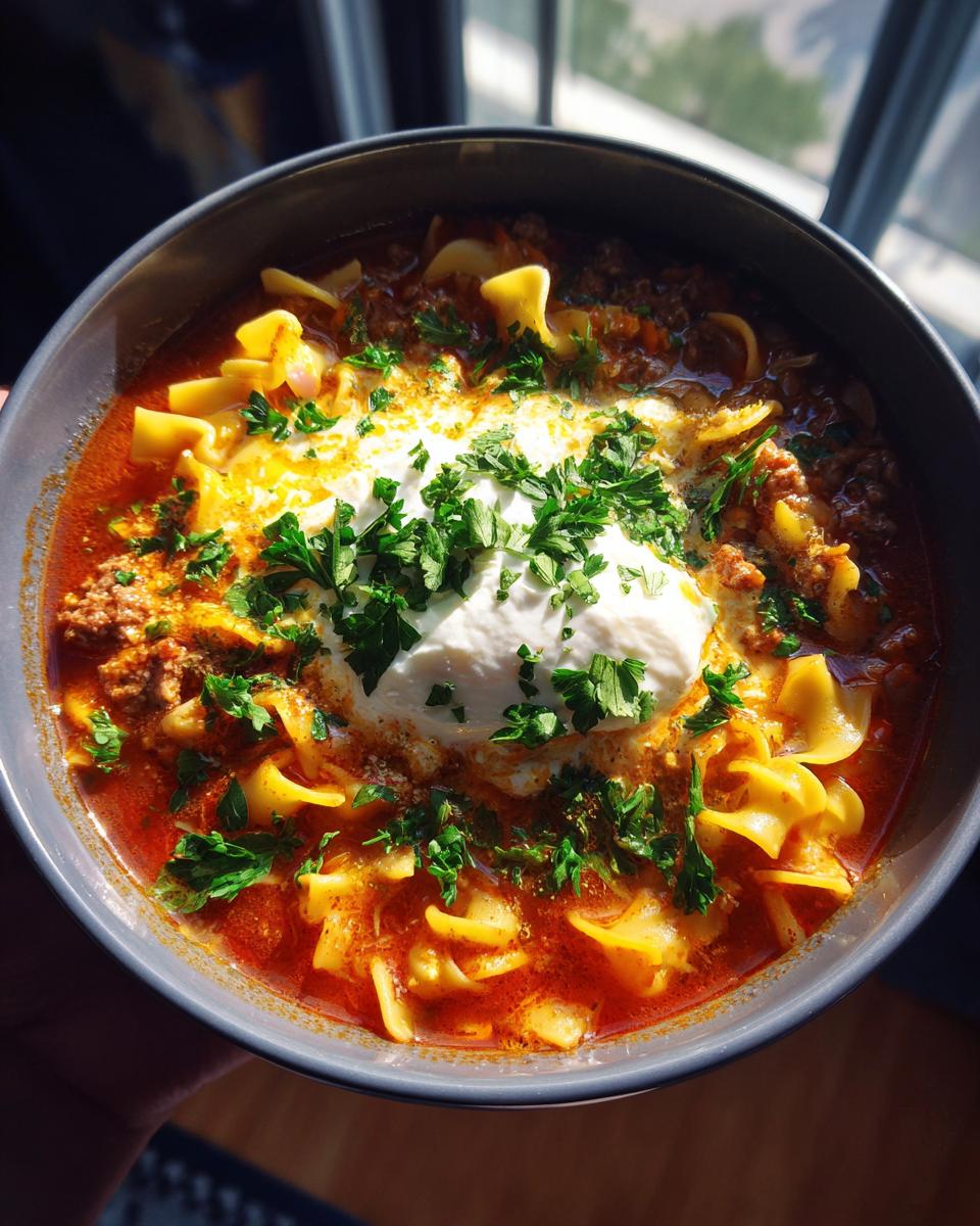 A close-up overhead view of a bowl of creamy lasagna soup, featuring noodles, meat sauce, a dollop of ricotta, and fresh parsley.