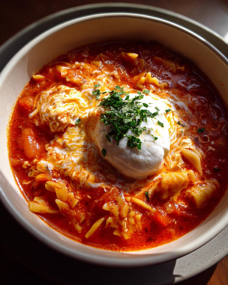 Close-up of a rich, red bowl of creamy lasagna soup topped with a large dollop of ricotta and fresh parsley.