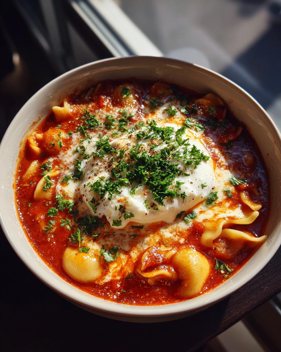 Close-up of a bowl of creamy lasagna soup featuring pasta shells in rich tomato sauce, topped with a dollop of white cheese and fresh parsley.