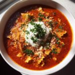 Close-up of a bowl of rich, red creamy lasagna soup featuring ruffled pasta, topped with a dollop of ricotta and fresh parsley.