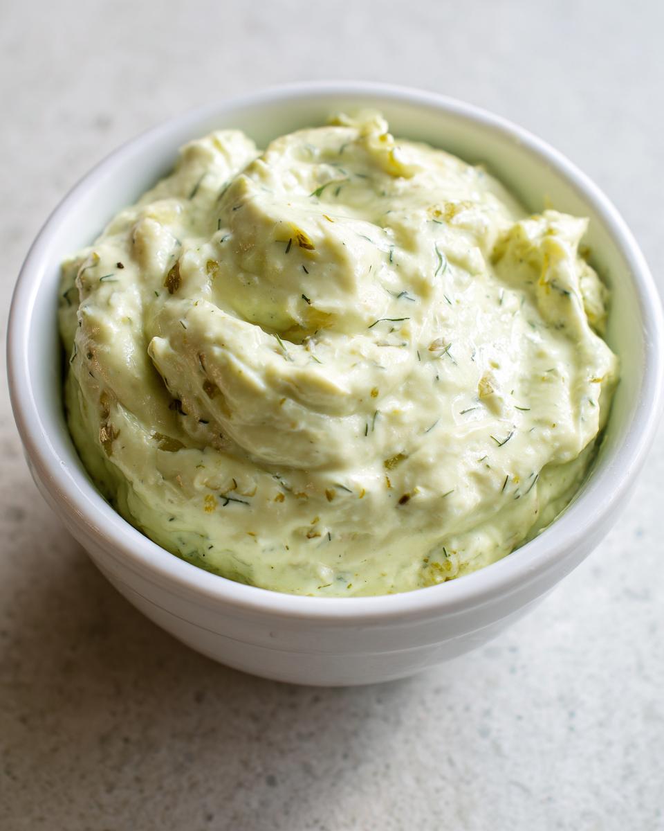 Close-up of creamy, pale green pickle dip mixed with chopped pickles and dill, served in a white bowl.