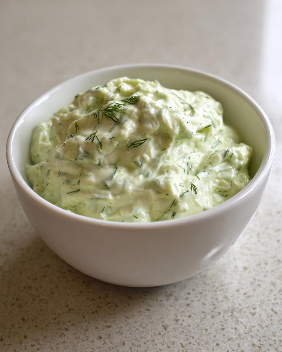 A close-up of a creamy, light green pickle dip garnished with fresh dill, served in a white bowl.