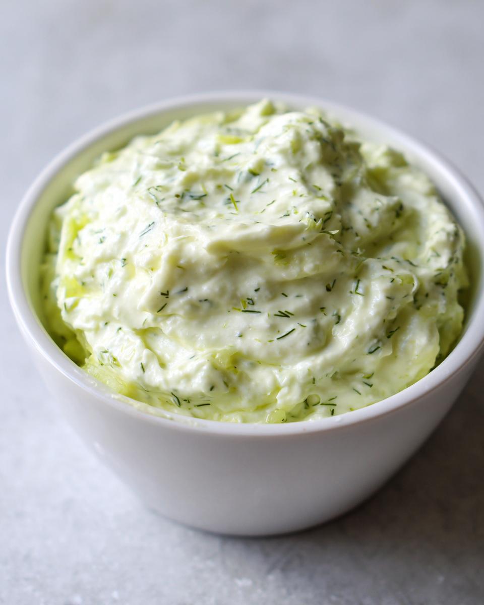 Close-up of a thick, creamy pickle dip speckled with green herbs, served in a white bowl.