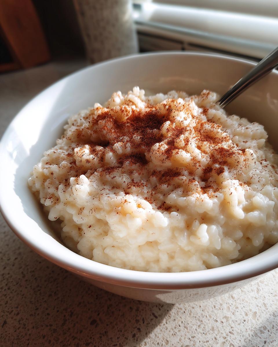 A close-up of a white bowl filled with creamy rice pudding topped generously with ground cinnamon.