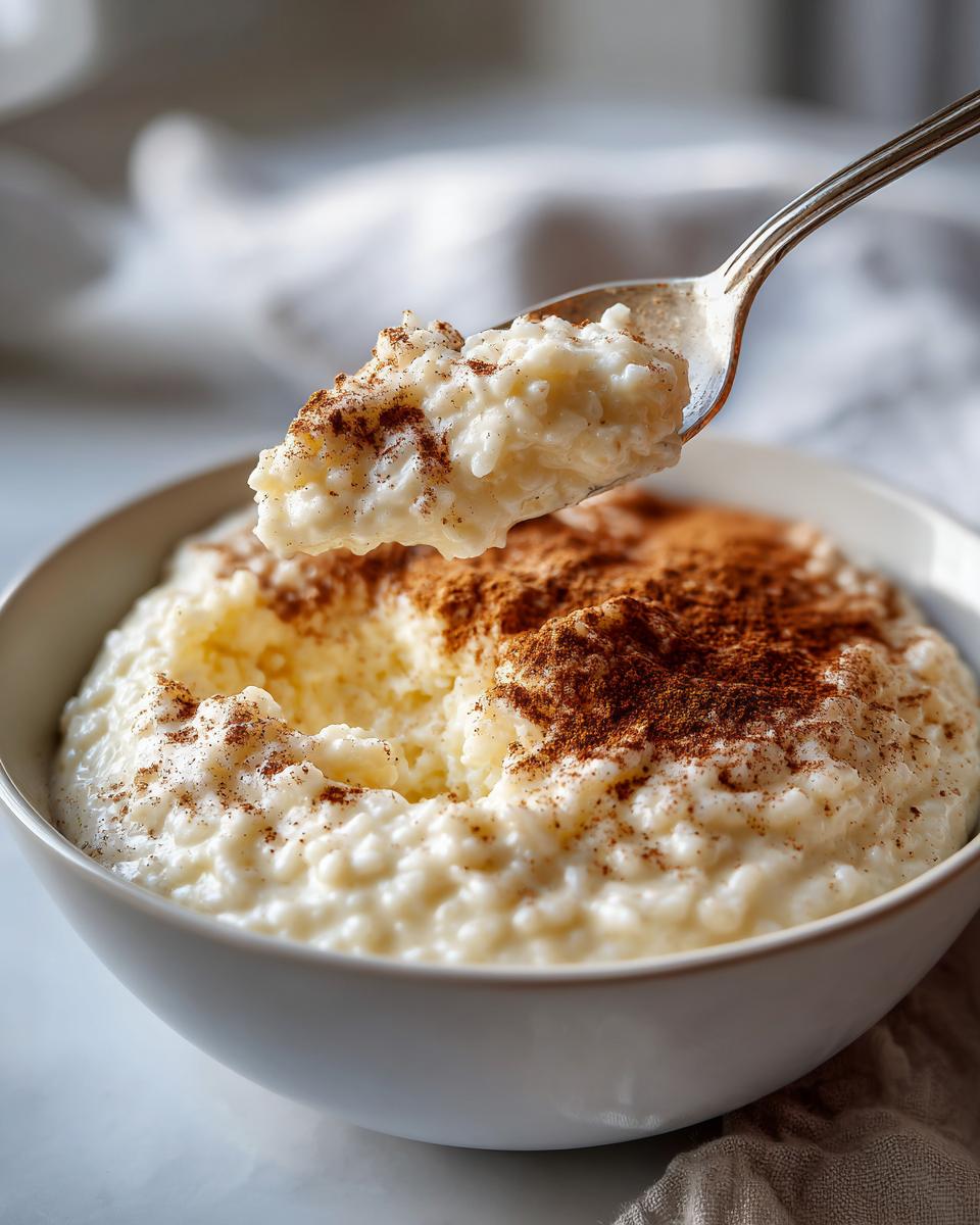 A spoonful of creamy rice pudding topped generously with cinnamon being lifted from a white bowl.