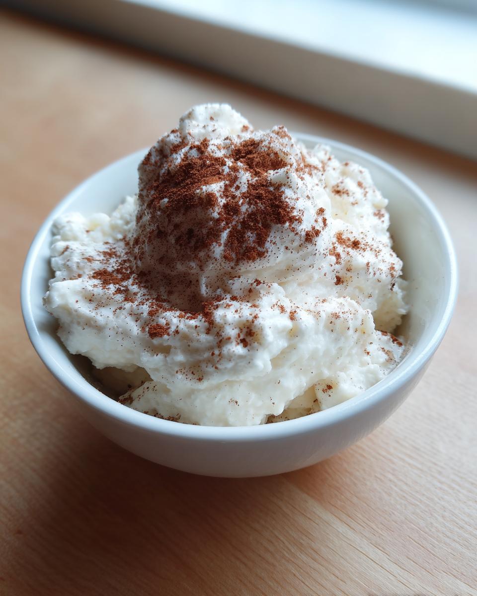 A close-up of creamy rice pudding recipe served in a white bowl, generously topped with ground cinnamon.