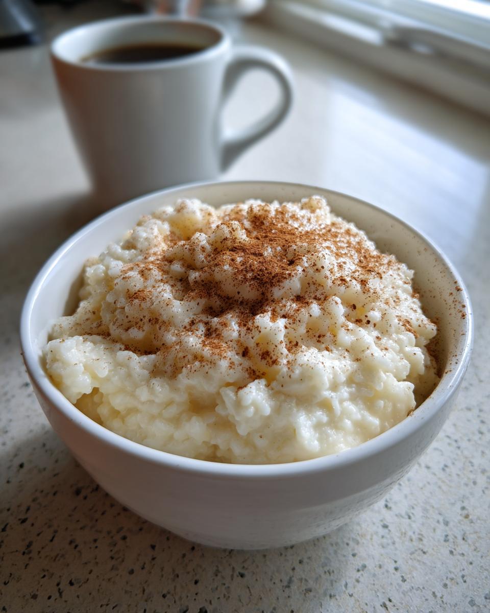 A close-up of creamy rice pudding in a white bowl, generously sprinkled with cinnamon.