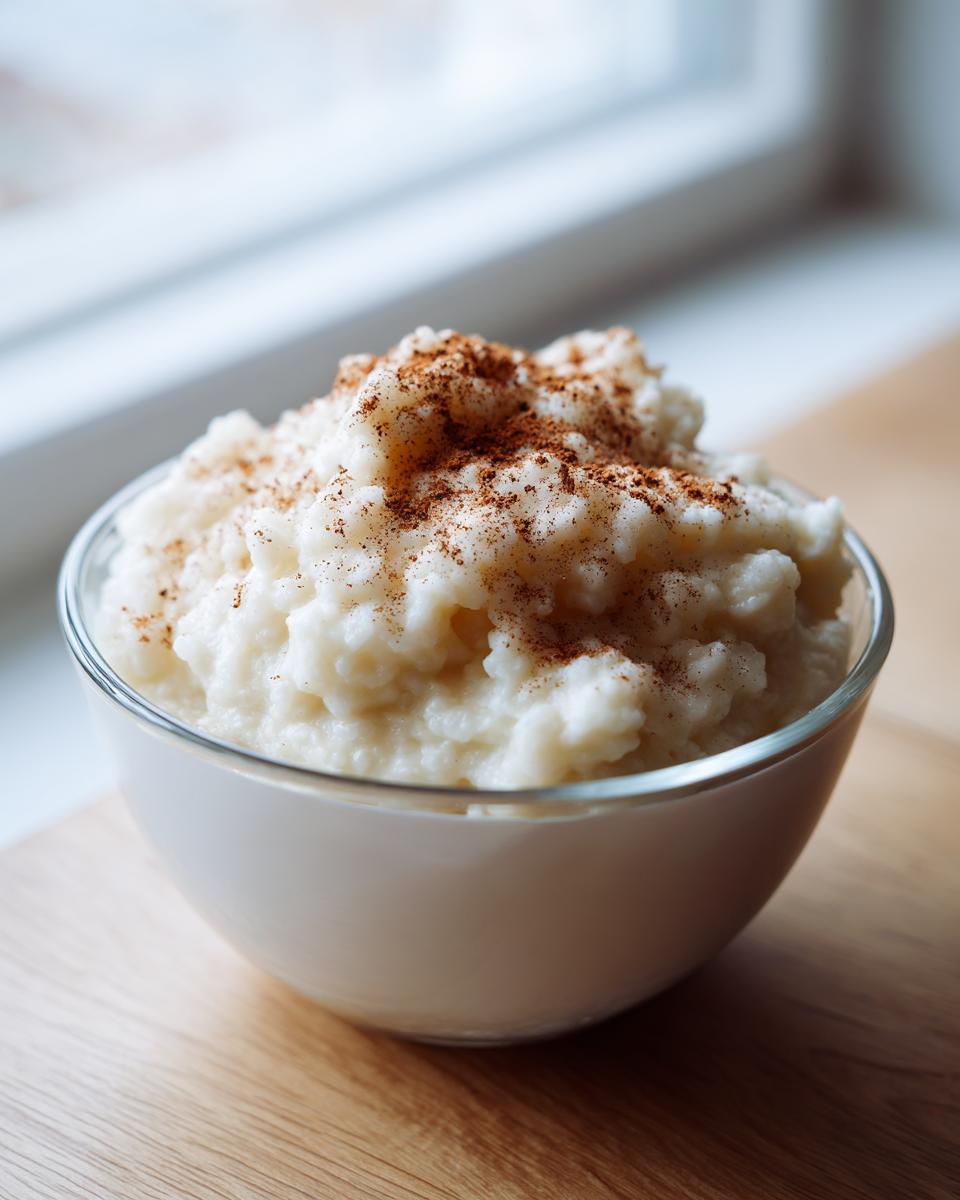 A close-up of creamy rice pudding recipe served in a clear bowl, dusted generously with cinnamon.