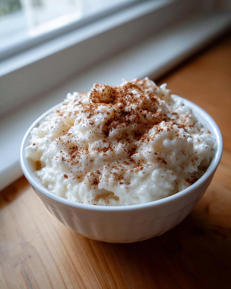 Close-up of a white bowl filled with creamy rice pudding recipe, generously sprinkled with cinnamon.