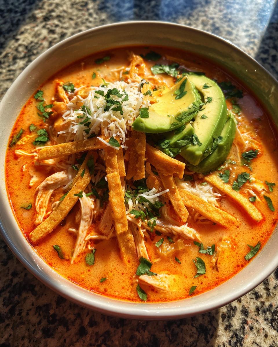 A bowl of creamy, orange-hued tortilla soup recipe topped with shredded chicken, crispy tortilla strips, cheese, and avocado slices.
