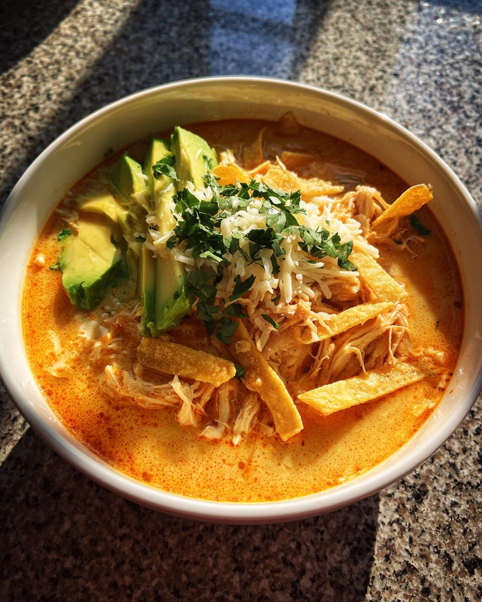 A bowl of creamy, orange-hued tortilla soup recipe topped with shredded chicken, crispy tortilla strips, avocado slices, cheese, and cilantro.