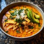 Close-up of a bowl of creamy, orange-hued tortilla soup recipe, loaded with shredded chicken, tortilla strips, and avocado slices.