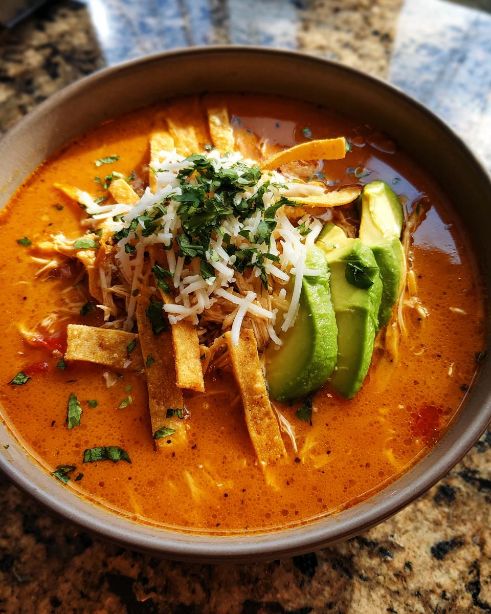Close-up of a bowl of rich, orange tortilla soup recipe garnished with shredded cheese, cilantro, avocado slices, and tortilla strips.