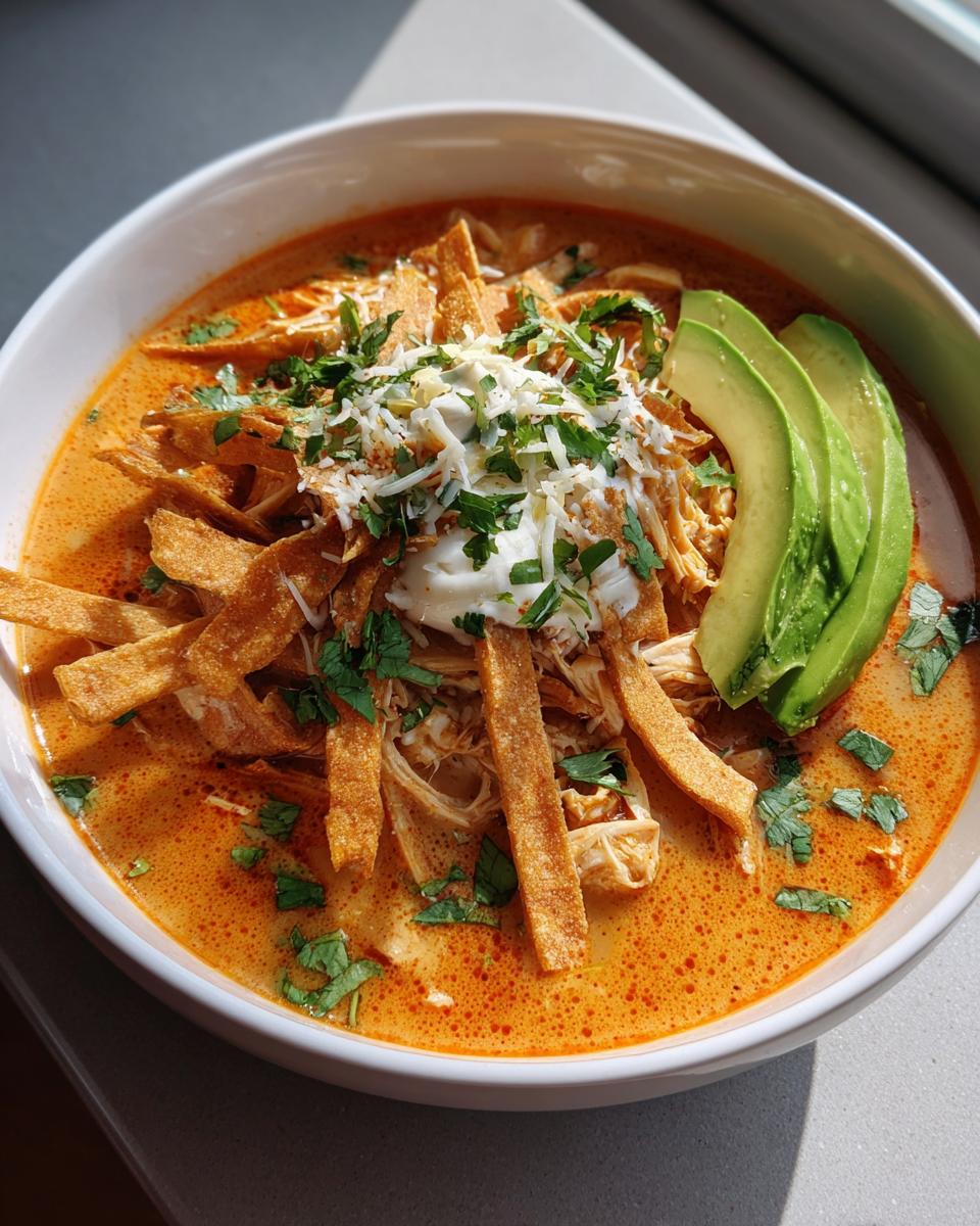 A close-up of a creamy, orange-hued tortilla soup recipe bowl topped with shredded chicken, crispy tortilla strips, cheese, sour cream, and avocado slices.