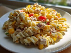 A close-up of a serving of creamy tuna pasta salad mixed with fusilli pasta, yellow corn, and red peppers.