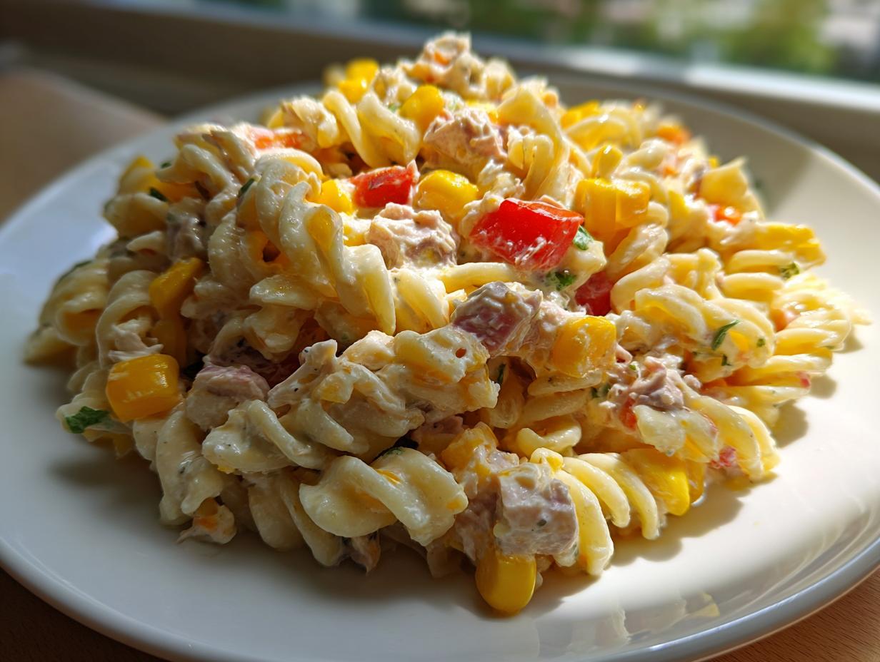 A close-up of a serving of creamy tuna pasta salad mixed with fusilli pasta, yellow corn, and red peppers.