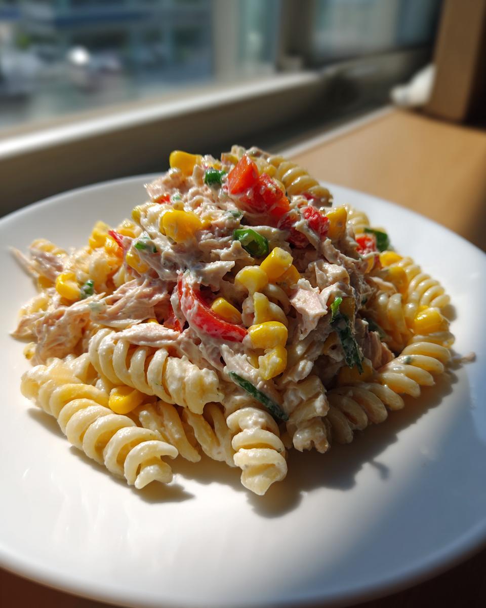 A close-up of creamy tuna pasta salad featuring fusilli pasta, sweet corn, red peppers, and green onions on a white plate.