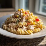 A serving of creamy tuna pasta salad made with fusilli pasta, tuna chunks, corn, and red peppers on a white plate.