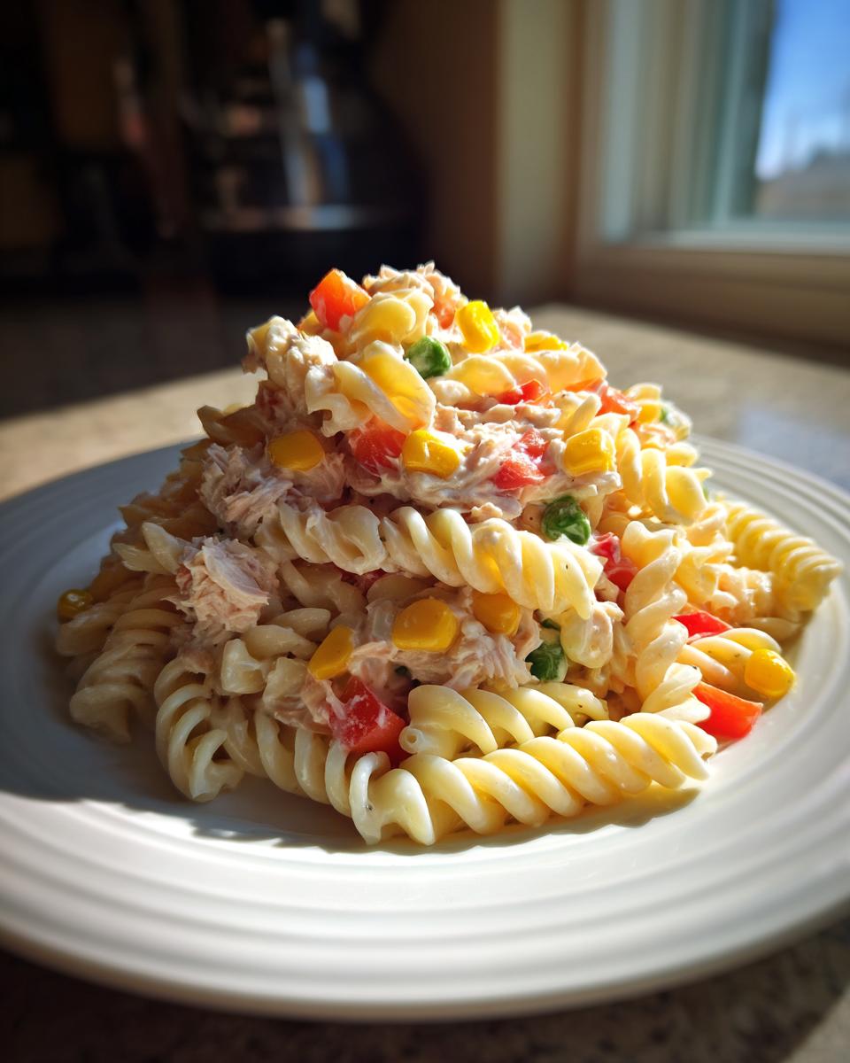 A mound of creamy tuna pasta salad made with rotini pasta, corn, peas, and red peppers served on a white plate.