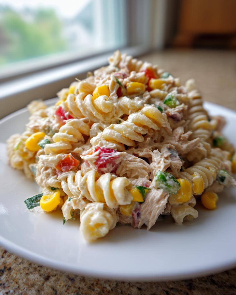 A close-up of a creamy tuna pasta salad made with rotini pasta, corn, and diced red and green peppers, served on a white plate.