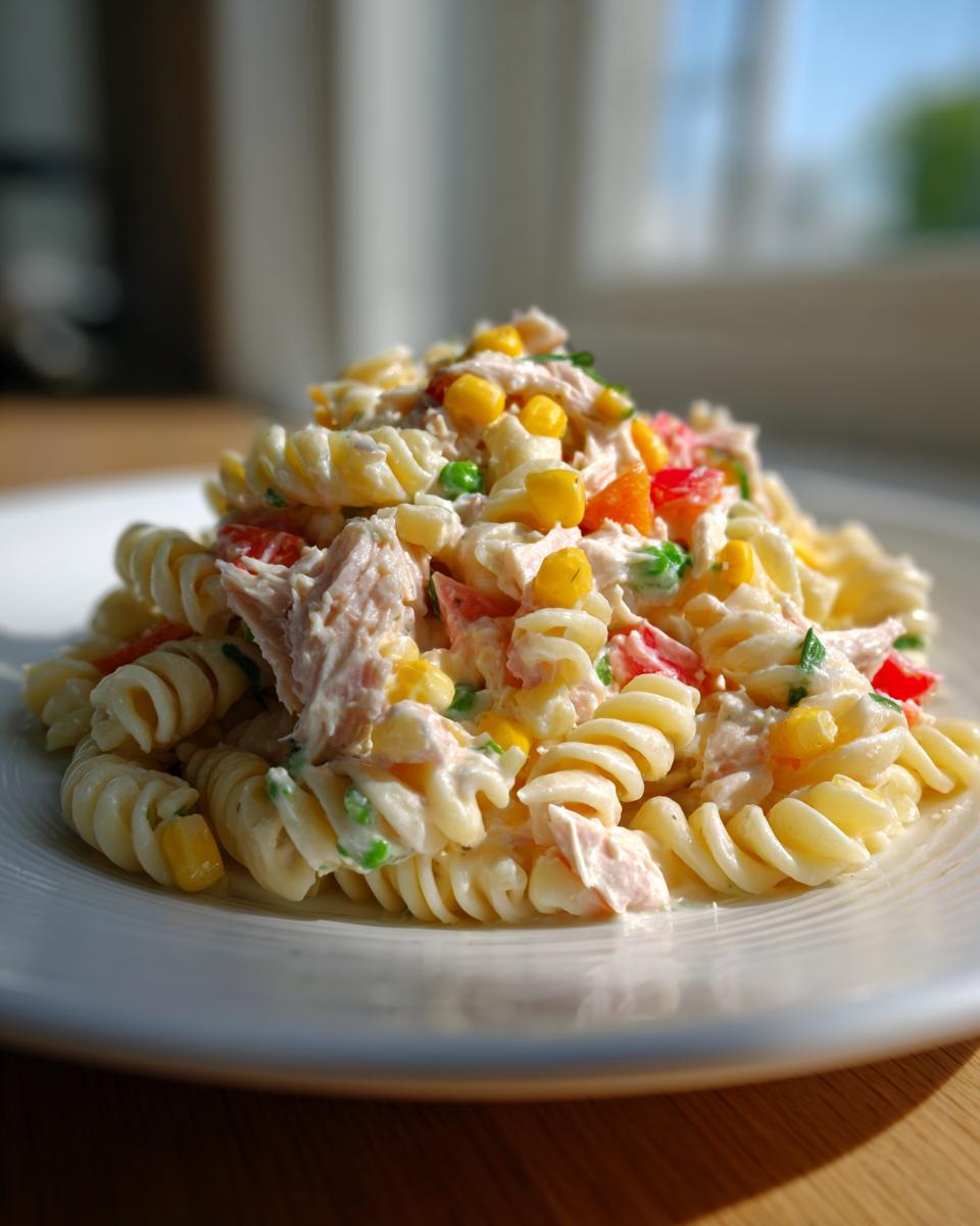A close-up of a serving of creamy tuna pasta salad made with fusilli pasta, tuna chunks, corn, and red peppers.