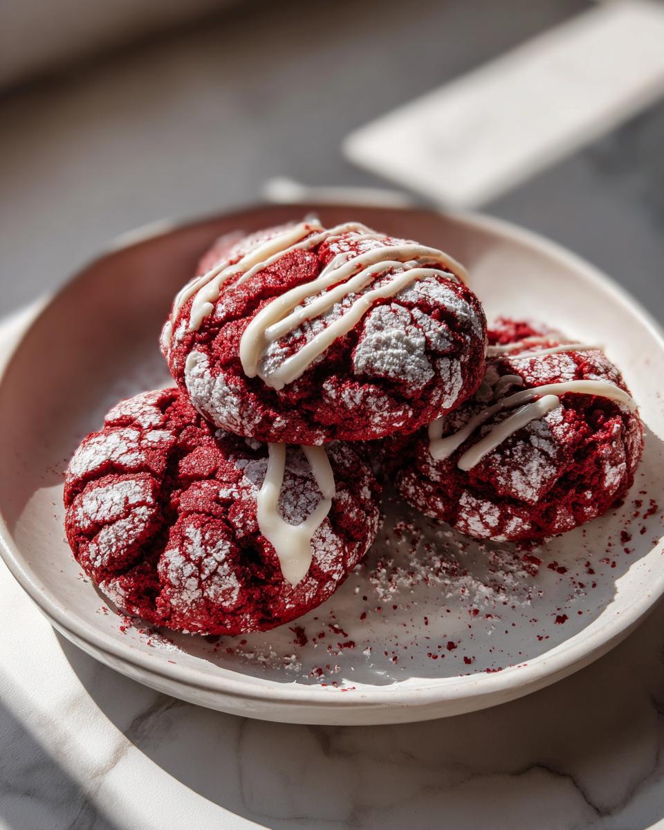 A stack of four vibrant red velvet cookies dusted with powdered sugar and drizzled with white icing.